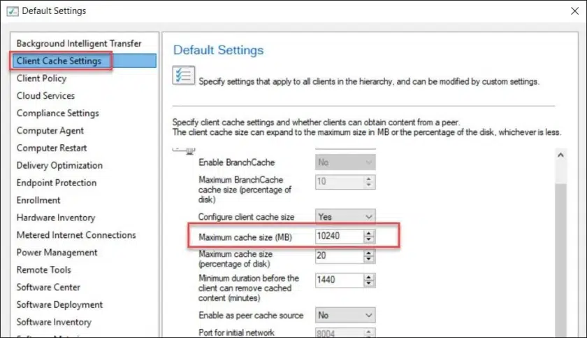 how to increase sccm client cache size