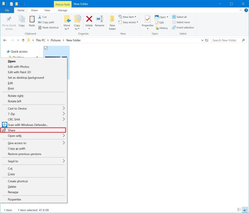 share context menu file windows10